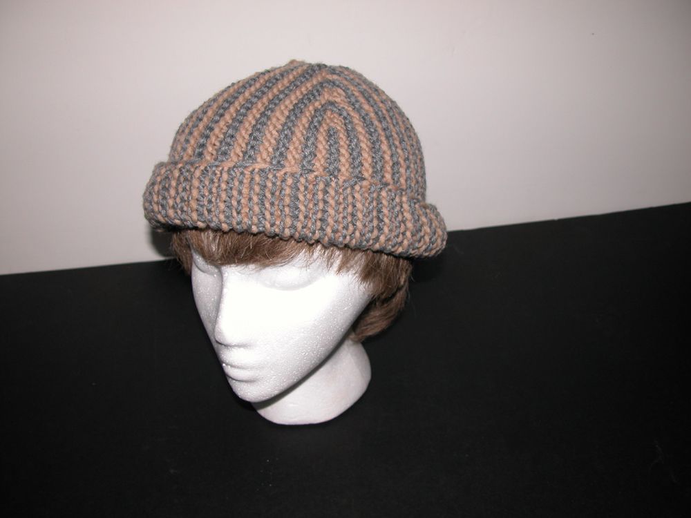 Hand Knit Unisex Hat. Darryl's Gray and Tan Wool.