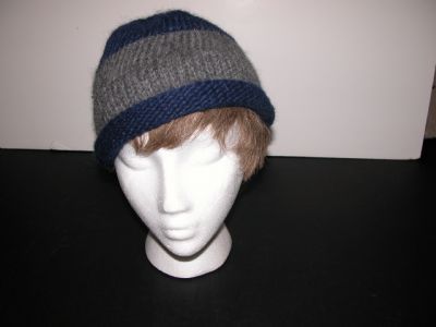Unisex  Hat,  Hand Knit - Beanie, Wool Gray on Blue Rolled Brim