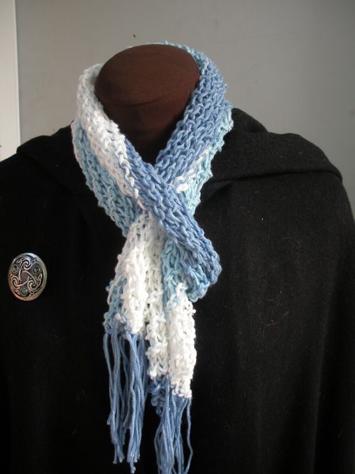 Women's Scarf, Hand Knit. Blue and white cotton diagonal 