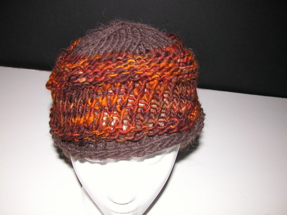 Hand Knit Unisex Flat Top Hat. Wool, Brown & Gold.