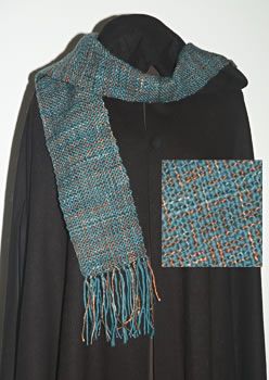 Women's Scarf, Handwoven, Turquoise & Rust Wool and Silk 