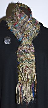 Handwoven Women's Scarf. Sari Silk & Sage Uruguayan Wool.