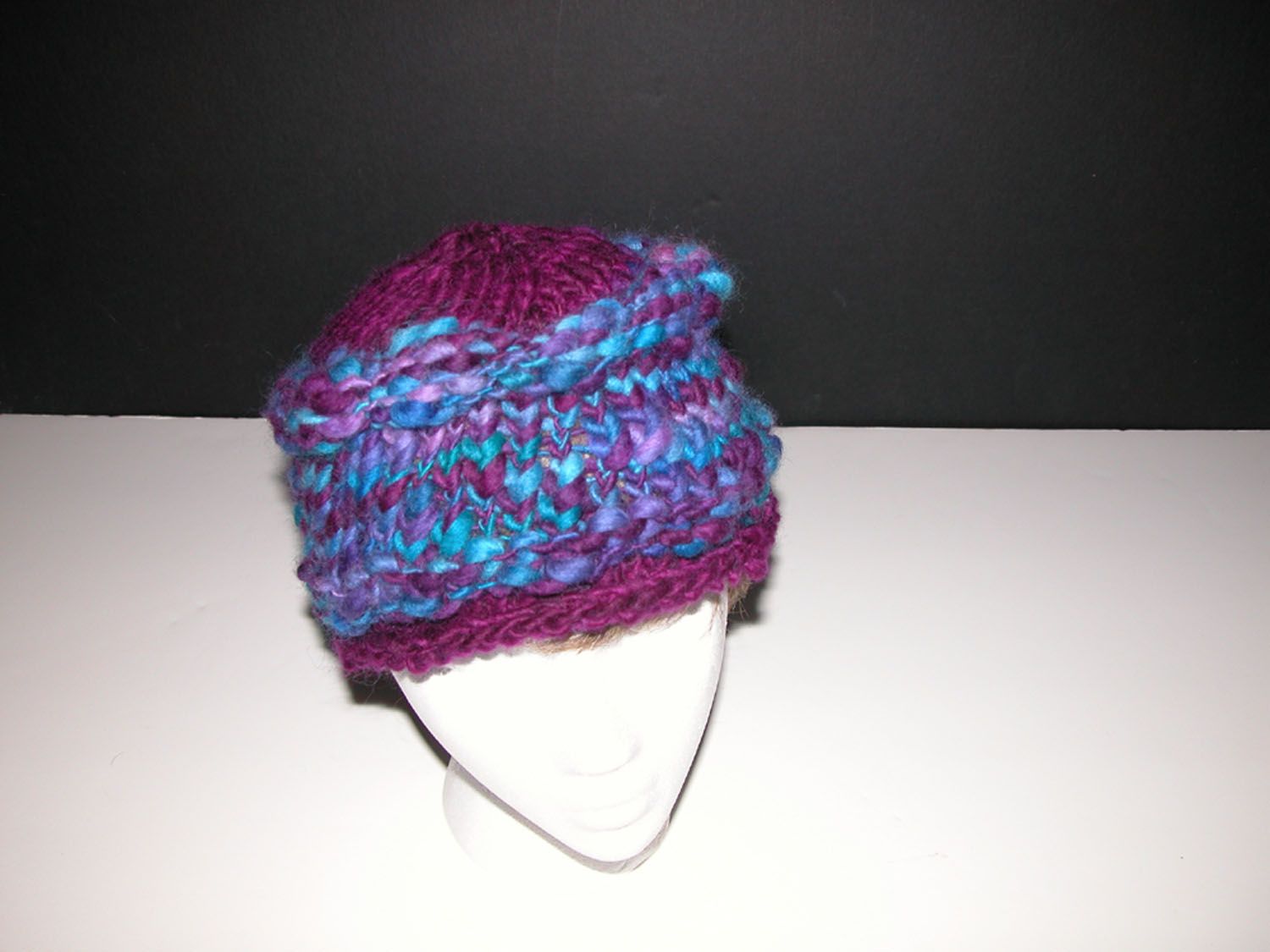 Hand-Knit Women's Flat Top Hat. Wool Blue & Purple.