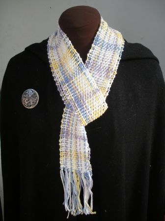 Handwoven Women's Scarf in Pastel Shades of Purple, Blue, White and Yellow Cotton 