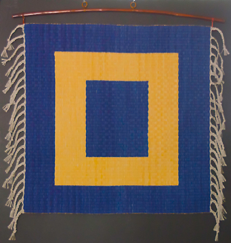 Handwoven Rug or Wall Hanging, Colonial Blue and Saffron Squares