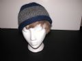 Unisex  Hat,  Hand Knit - Beanie, Wool Gray on Blue Rolled Brim